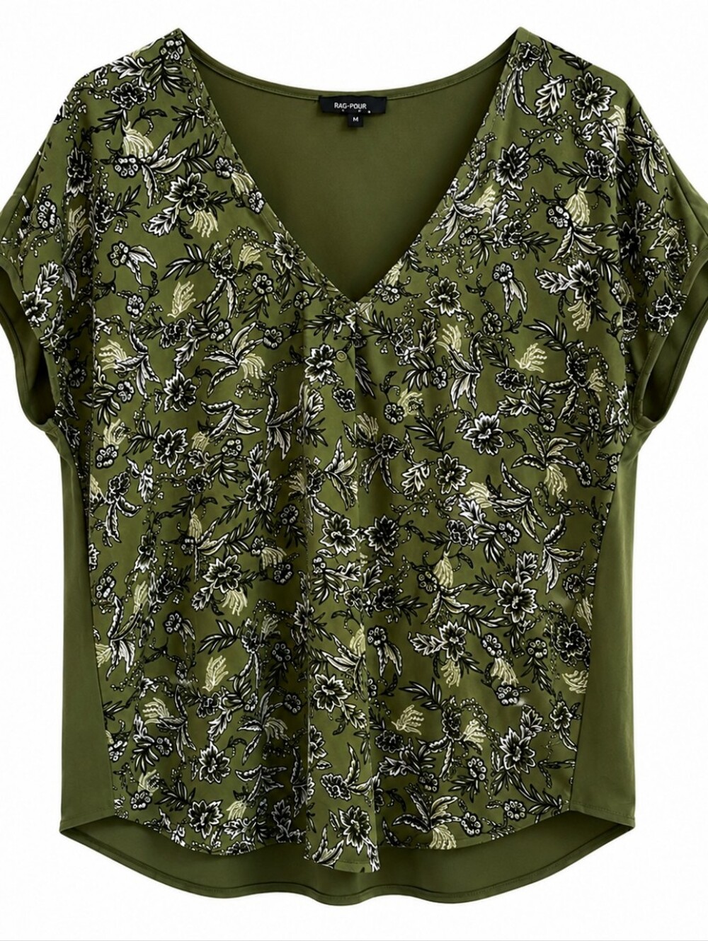 Lily Morgan Olive Green Floral V-Neck Pleat Blouse Sz LG